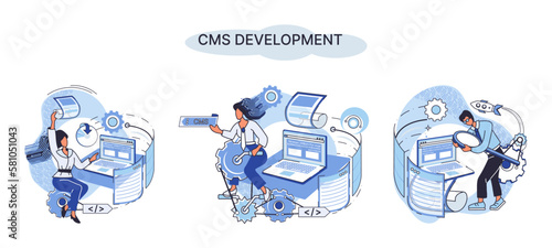 Digital content management system, CMS development software metaphor. Information system or computer program enable organize collaborative process of creating, editing and managing soft in network