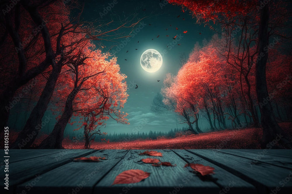 Halloween - Wooden Table In Spooky Forest At Night With Red Leaves In Autumn Landscape At Moonlight, generative ai