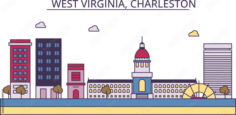 Fototapeta premium United States, Charleston West Virginia tourism landmarks, vector city travel illustration