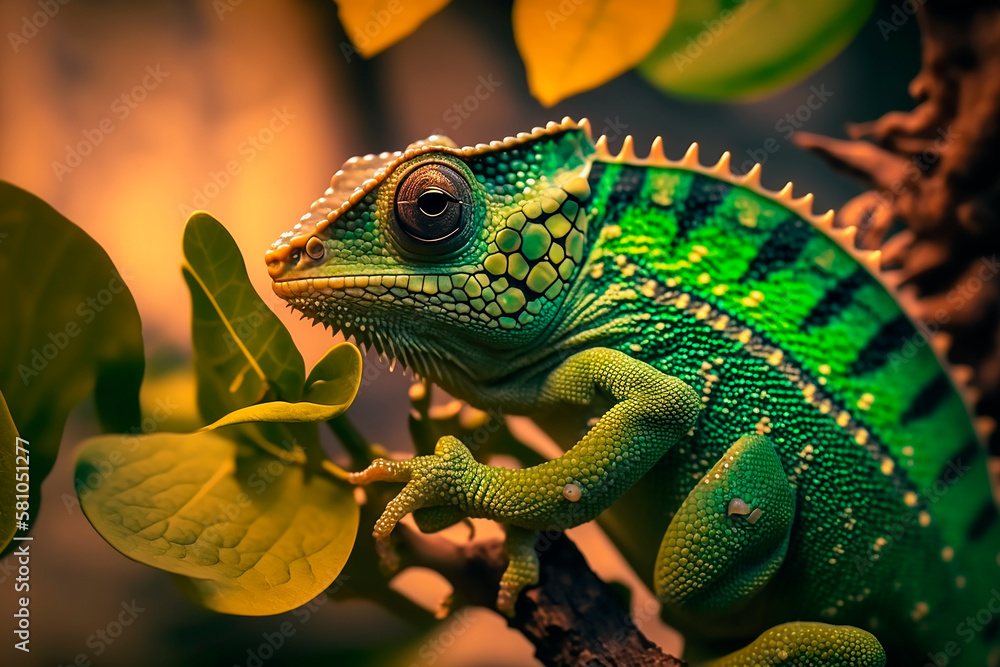 Fototapeta premium Green chameleon with textured skin close-up, blurred tropical background. Multi-colored skin of a chameleon in nature. Generative AI.