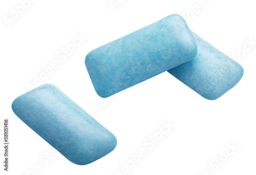 Three pieces of chewing or bubble gums isolated on transparent background photo