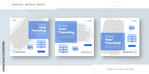 Enjoy traveling social media post template for holiday tourism marketing and sale promoand tour advertising 