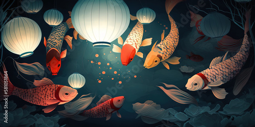 Coi carp oriental golden fish with Flying Chinese Lanterns, Japanese koi goldfish illustration