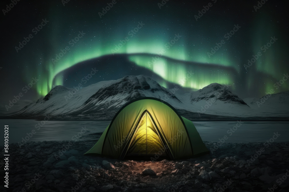 Northern lights in the mountains, in the foreground a tent. AI generative.