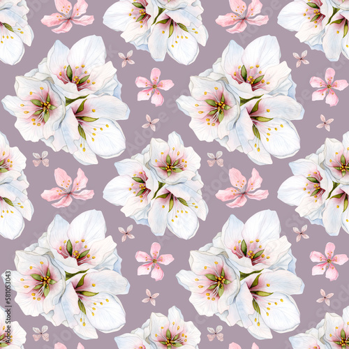 Pink floral watercolor seamless pattern with almond flowers  cherry  apple bloom  white bouquets for wedding designs