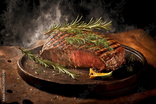 steaming delicious flank steak cooked on grill with rosemary, created with generative ai photo