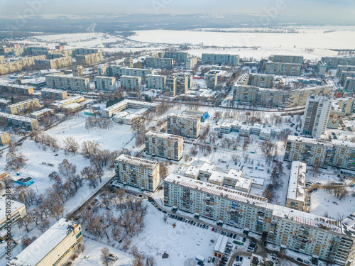 Novokuznetsk city district in winter from a bird's-eye view