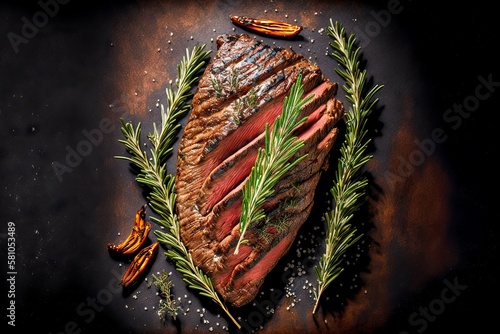 medium-roasted flank steak roasted on grill grill and decorated with sprig of rosemary, created with generative ai photo