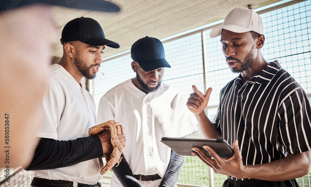 Obraz premium Sports group, planning or baseball coach with strategy ideas in training or softball game in dugout. Leadership, formation on tablet or black man with athletes for fitness, teamwork or mission goals