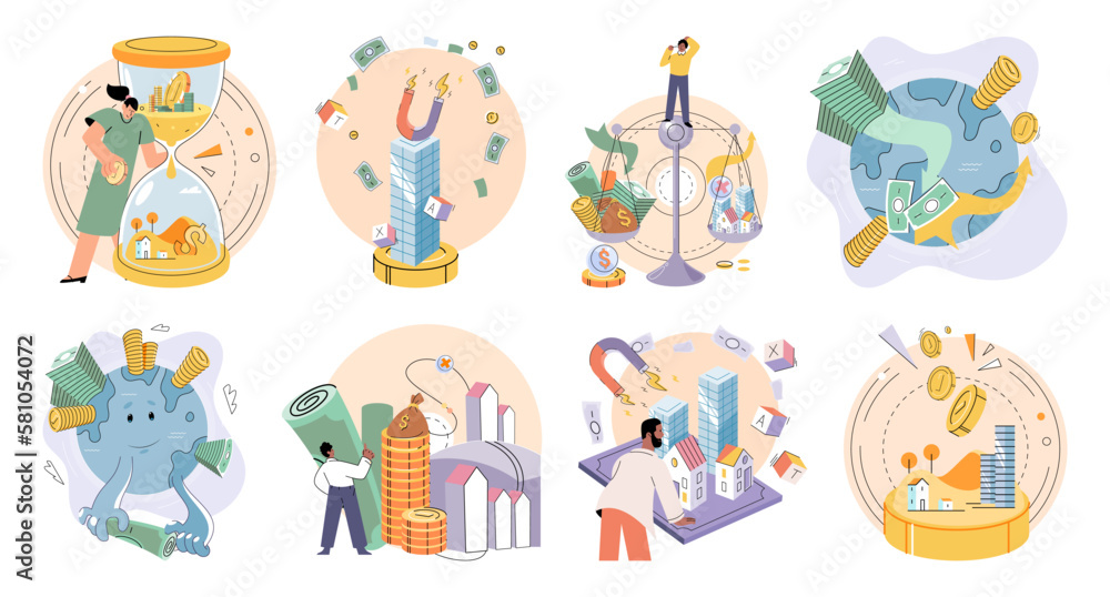 Fototapeta premium Businessman investor with coins. Employee or entrepreneur puts money in piles, calculates profit. Financial literacy and passive income, successful investor. Person stands holding bag of money