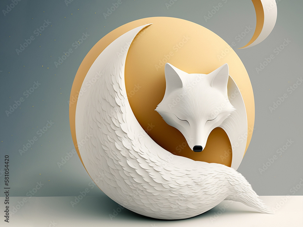 white fox asleep with the moon on its back.