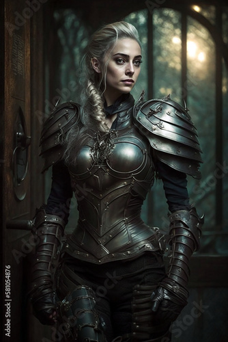 Portrait of a brunette female medieval knight in heavy corsett armor. Standing at the window in a forest castle and looking at the camera. Generative AI