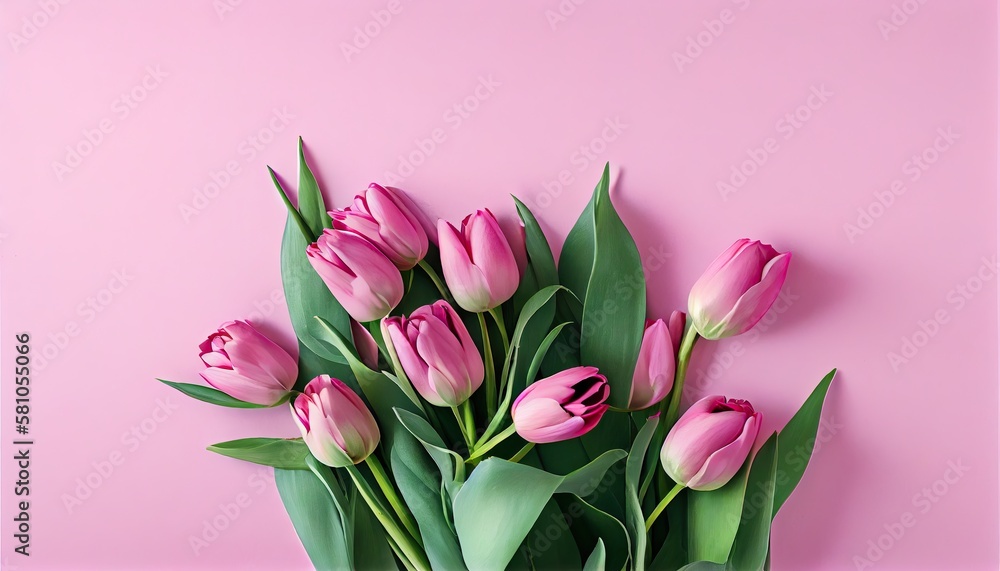 Fototapeta premium Bouquet of pink tulips flowers on pastel pink background