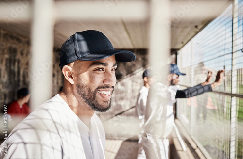 Baseball, sports and man smile in stadium watching games, practice match and competition on field. Fitness, teamwork and happy male athlete in dugout to support exercise, training and sport workout