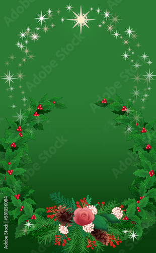 クリスマス☆縦型イラスト素材 柊のリースとキラキラ星 緑背景 色違い・差分有
