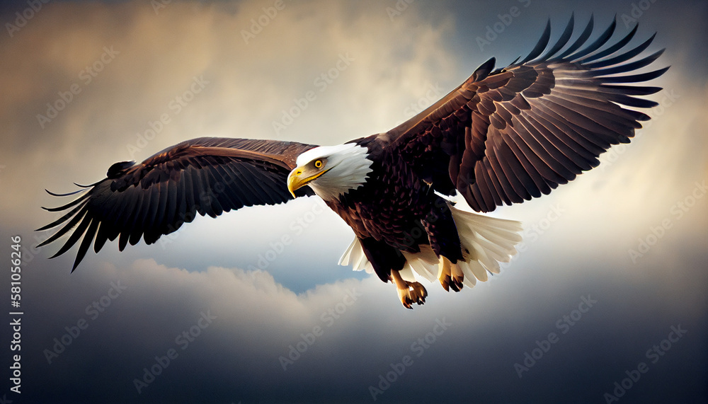 Obraz premium Bald Eagle bird flying above the clouds, sunset sky dramatic sky. Freedom of flying high. Sunset evening time
