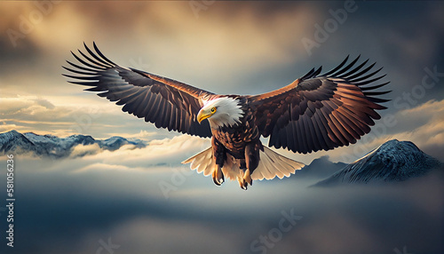 Bald Eagle bird flying above the clouds, sunset sky dramatic sky. Freedom of flying high. Sunset evening time