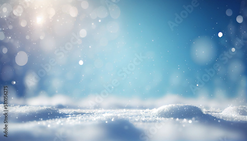 snowflake in a snowdrift on blue background, copy space. Winter holidays card. Christmas snow background. glittery background.   © datta