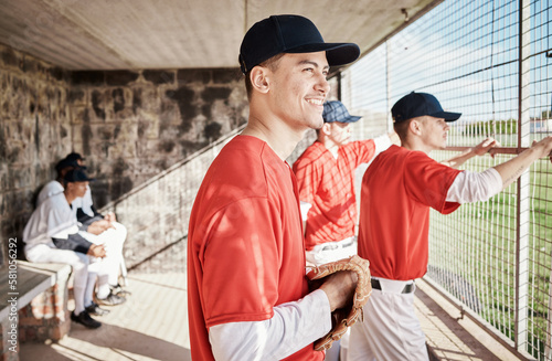 Baseball, men and watch game with happiness, achievement and competition with teamwork. Mit, male players and athletes in sports dugout, start training and friends with exercise, workout and smile