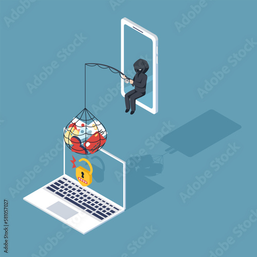 Phishing by email. Hackers as fraud scam and steal private data, account, id, money, and credit card on devices. vector illustration isometric flat design for cyber security awareness concept. photo