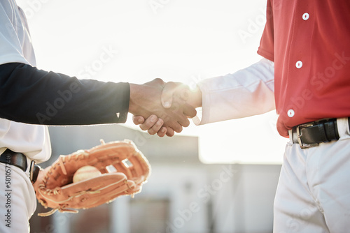 Photography Baseball, sports or handshake for team greeting, introduction or respect on stadium field together