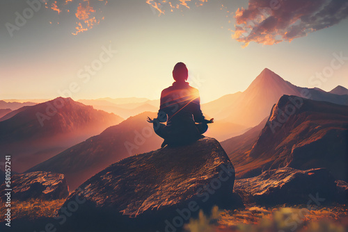 Person meditating on mountain top at sunset.generative a