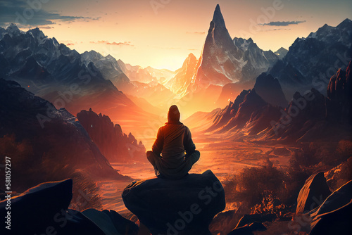 Person meditating on mountain top at sunset.generative a © slonme
