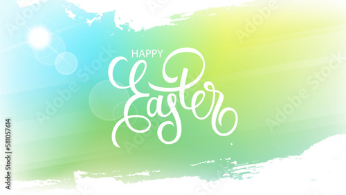 Happy Easter celebration banner with hand lettering, spring sun and white brush strokes for Easter holiday greetings and invitations. Vector illustration.