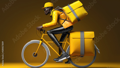 An afro delivery man carrying a backpack rides a bike to deliver packages. Generative AI