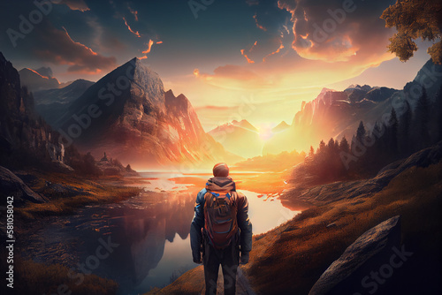Portrait of a man with a backpack wearing a cap, walking on a foggy cloudy mountain path with a backpack. Healthy lifestyle concept, generative ai