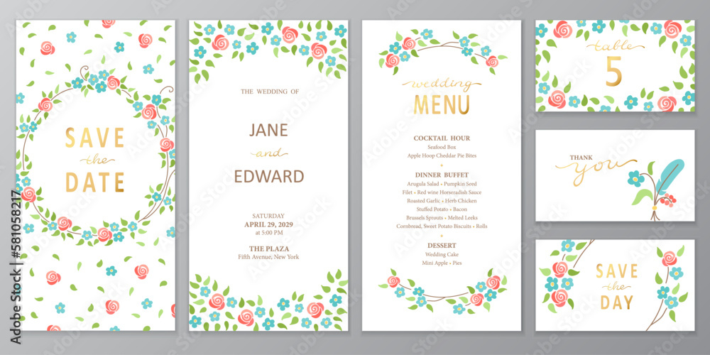 Vector vertical wedding invitation cards set with rose and blue flowers and green leaves on white background. Simple botanical design for wedding ceremony.