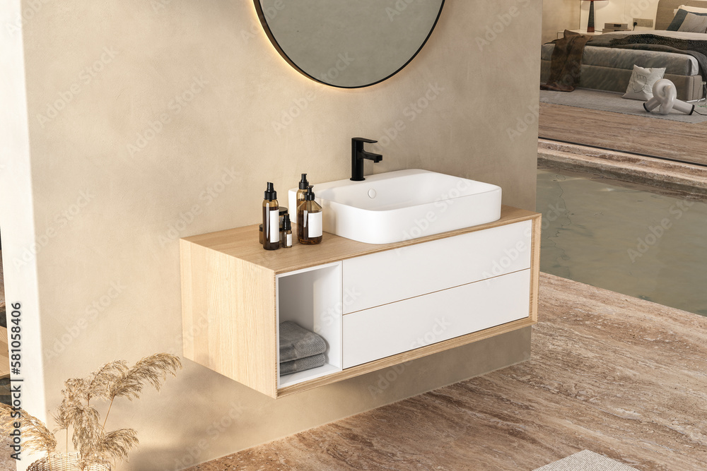 Bright minimal bathroom interior with white basin and oval mirror ...