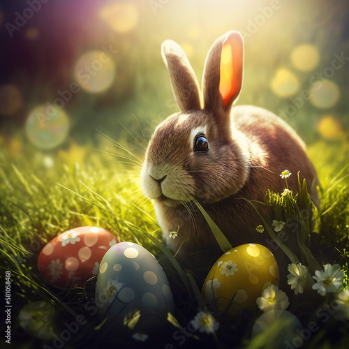 Easter bunny with easter eggs on the green grass sunny day and shinig sun photo