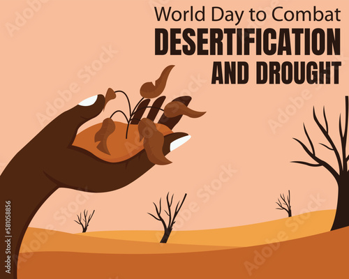 illustration vector graphic of hands hold the ground and withered plants, revealing barren land and dead trees, perfect for international day, world to combat, desertification and drought, celebrate.