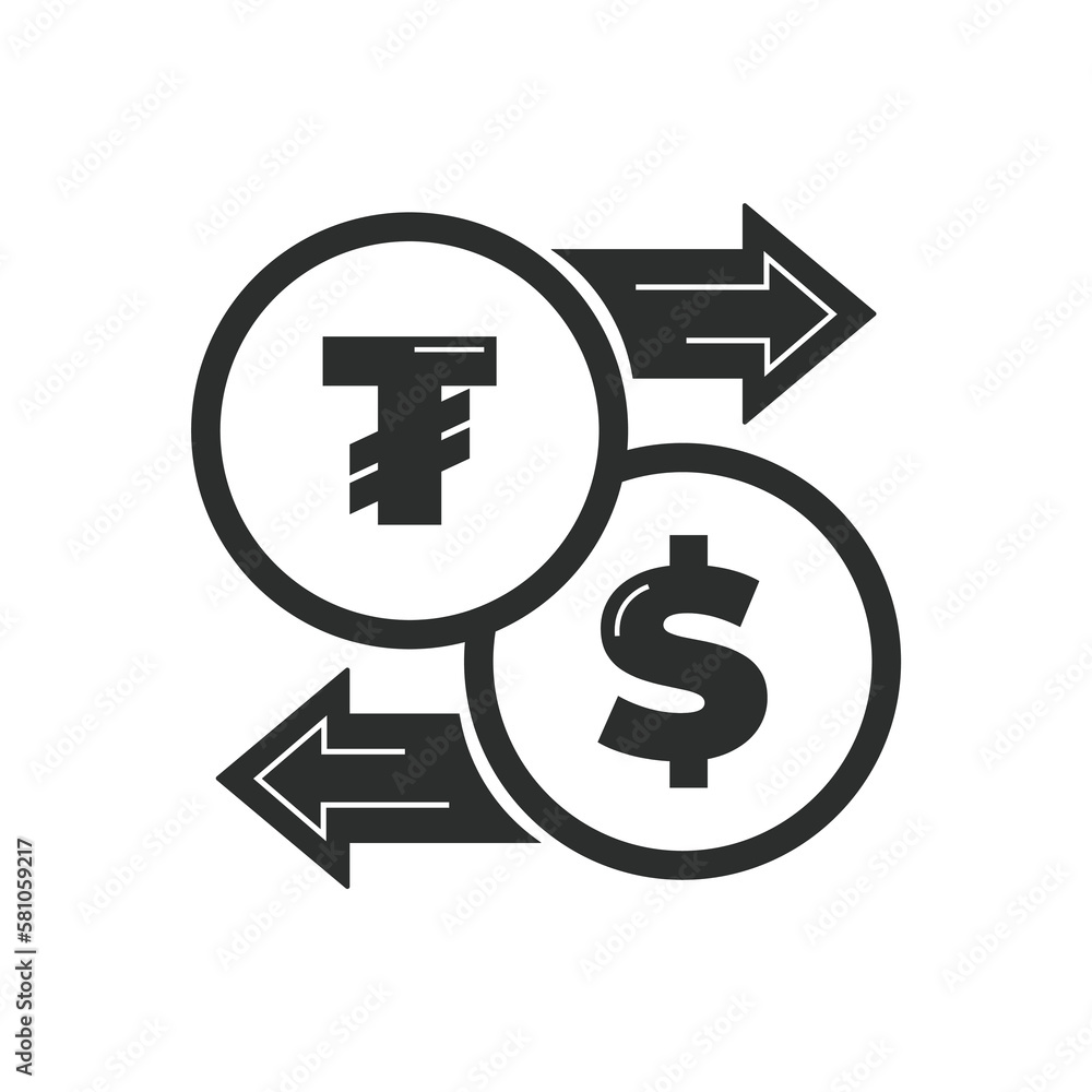 Vector illustration. Currency exchange. Money conversion. Dollar to tugrik mongolian icon isolated on white background. USD to MNT exchange icon with arrow. USD MNT Vector illustration. Currency exchange. Money conversion. Dollar to tugrik mongolian icon isolated on white background. USD to MNT exchange icon with arrow. USD MNT