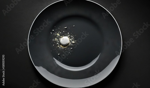  a black plate with a small white object in the middle of it. generative ai