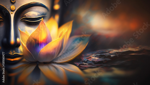 Lotus Flower and Buddha statue. Generative Ai. 