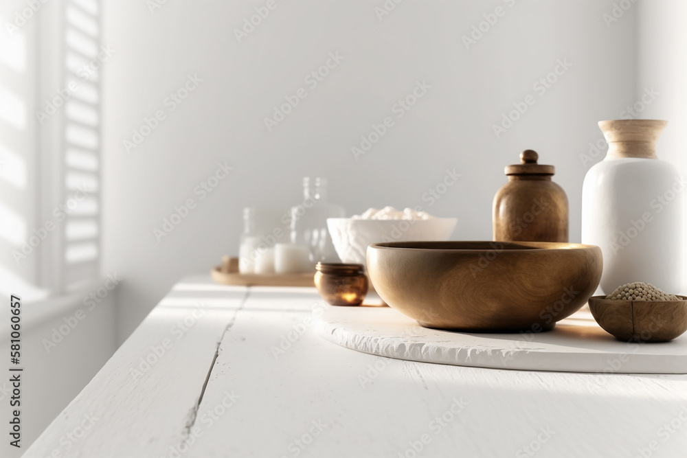 Empty wooden tabletop with blurred kitchen background. Mock up for display or montage of product. Blur kitchen counter background for montage product display for visual layout. AI generated image Empty wooden tabletop with blurred kitchen background. Mock up for display or montage of product. Blur kitchen counter background for montage product display for visual layout. AI generated image