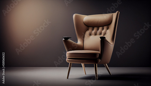 Cream Living Room leather Chair. Side View of Modern geige Armchair with Upholstered Armrests Seat Button Tufted Back Cushion   Wooden Legs. Interior Furniture Accent Arm Chair