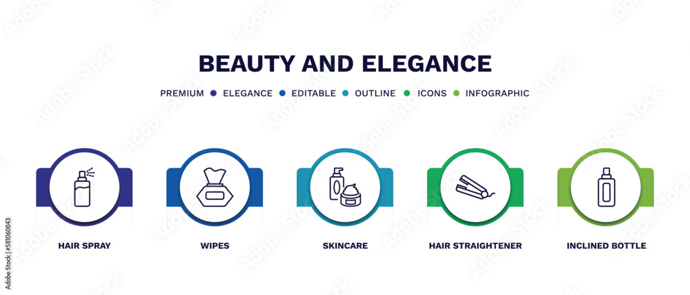 set of beauty and elegance thin line icons. beauty and elegance outline icons with infographic template. linear icons such as hair spray, wipes, skincare, hair straightener, inclined bottle vector. set of beauty and elegance thin line icons. beauty and elegance outline icons with infographic template. linear icons such as hair spray, wipes, skincare, hair straightener, inclined bottle vector.