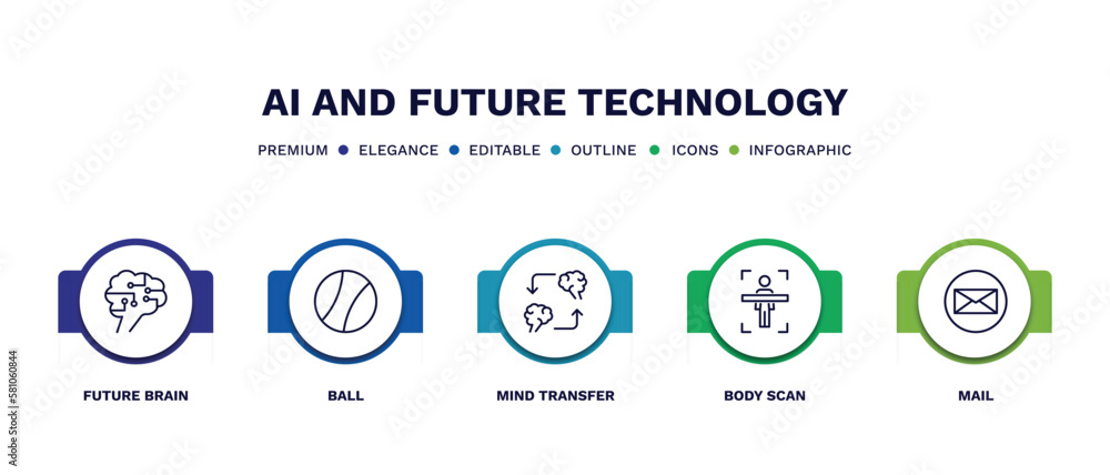 set of ai and future technology thin line icons. ai and future technology outline icons with infographic template. linear icons such as future brain, ball, mind transfer, body scan, mail vector. set of ai and future technology thin line icons. ai and future technology outline icons with infographic template. linear icons such as future brain, ball, mind transfer, body scan, mail vector.