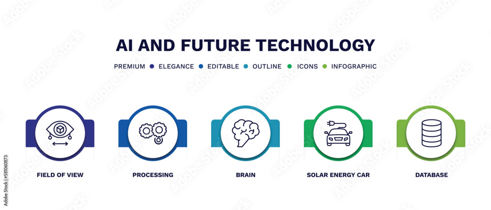 set of ai and future technology thin line icons. ai and future technology outline icons with infographic template. linear icons such as field of view, processing, brain, solar energy car, database set of ai and future technology thin line icons. ai and future technology outline icons with infographic template. linear icons such as field of view, processing, brain, solar energy car, database