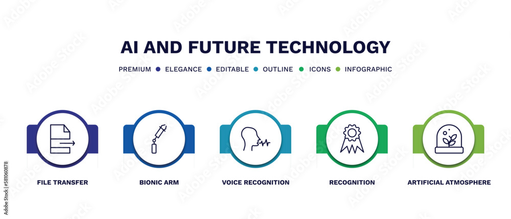 set of ai and future technology thin line icons. ai and future technology outline icons with infographic template. linear icons such as file transfer, bionic arm, voice recognition, recognition, set of ai and future technology thin line icons. ai and future technology outline icons with infographic template. linear icons such as file transfer, bionic arm, voice recognition, recognition,