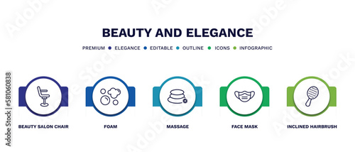 set of beauty and elegance thin line icons. beauty and elegance outline icons with infographic template. linear icons such as beauty salon chair, foam, massage, face mask, inclined hairbrush vector.