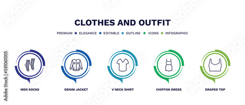 set of clothes and outfit thin line icons. clothes and outfit outline icons with infographic template. linear icons such as men socks, denim jacket, v neck shirt, chiffon dress, draped top vector.