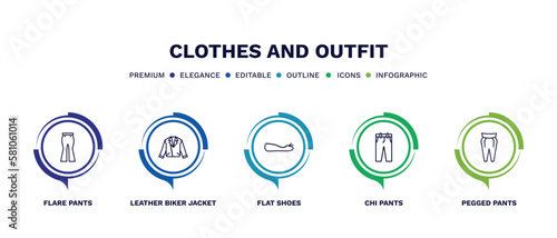 set of clothes and outfit thin line icons. clothes and outfit outline icons with infographic template. linear icons such as flare pants, leather biker jacket, flat shoes, chi pants, pegged pants
