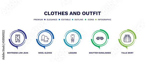 set of clothes and outfit thin line icons. clothes and outfit outline icons with infographic template. linear icons such as boyfriend low jean, wool gloves, leggins, shutter sunglasses, tulle skirt