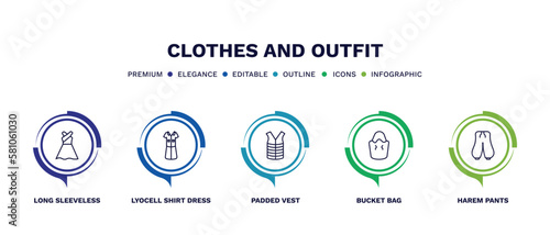 set of clothes and outfit thin line icons. clothes and outfit outline icons with infographic template. linear icons such as long sleeveless dress, lyocell shirt dress, padded vest, bucket bag, harem