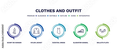 set of clothes and outfit thin line icons. clothes and outfit outline icons with infographic template. linear icons such as scarf on hanger, nylon jacket, cocktail dress, gladiator sandal, ballets