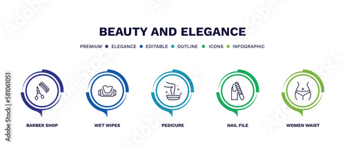 set of beauty and elegance thin line icons. beauty and elegance outline icons with infographic template. linear icons such as barber shop, wet wipes, pedicure, nail file, women waist vector.